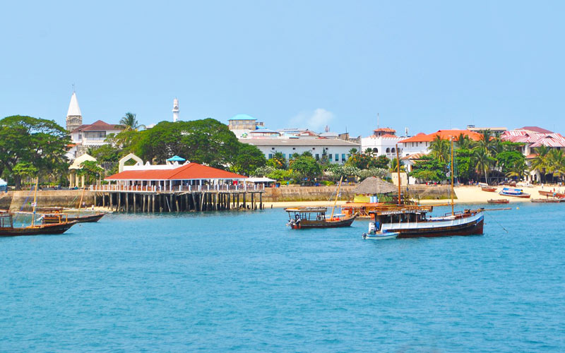 Traditional boats on the Zanzibar coast with Stone Town’s historic buildings in the background.