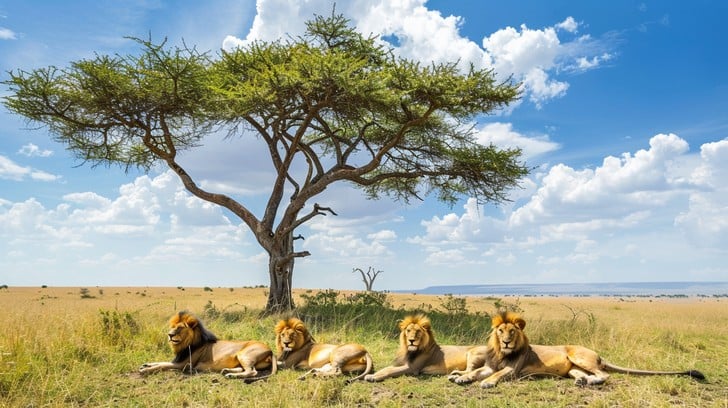 Four lions resting in front of an acacia tree in the Serengeti, symbolizing the majestic wildlife of Tanzania.